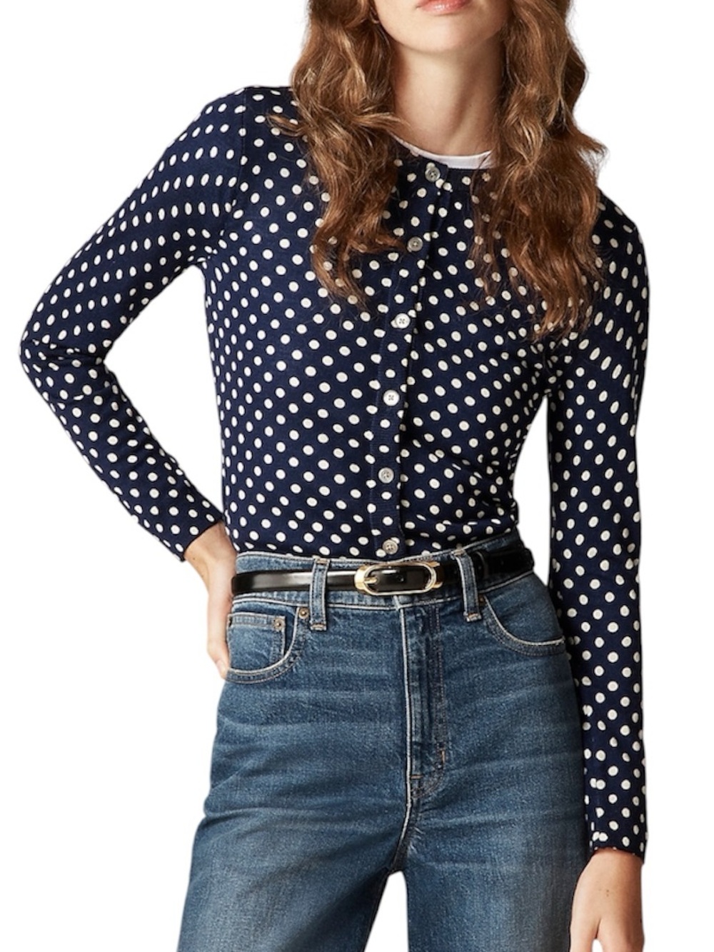 J. Crew Women’s Carolyn Cardigan Navy White Polka-Dot 100% Merino Wool sz Med - Picture 2 of 14
